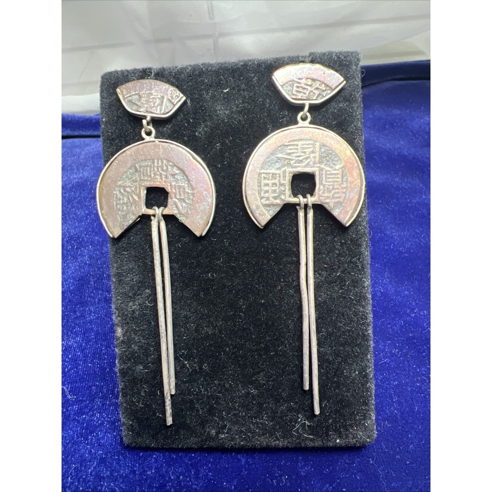 Coin Artisan Earrings Sterling‎ Dangle Celestial Asian Steampunk Statement 3"